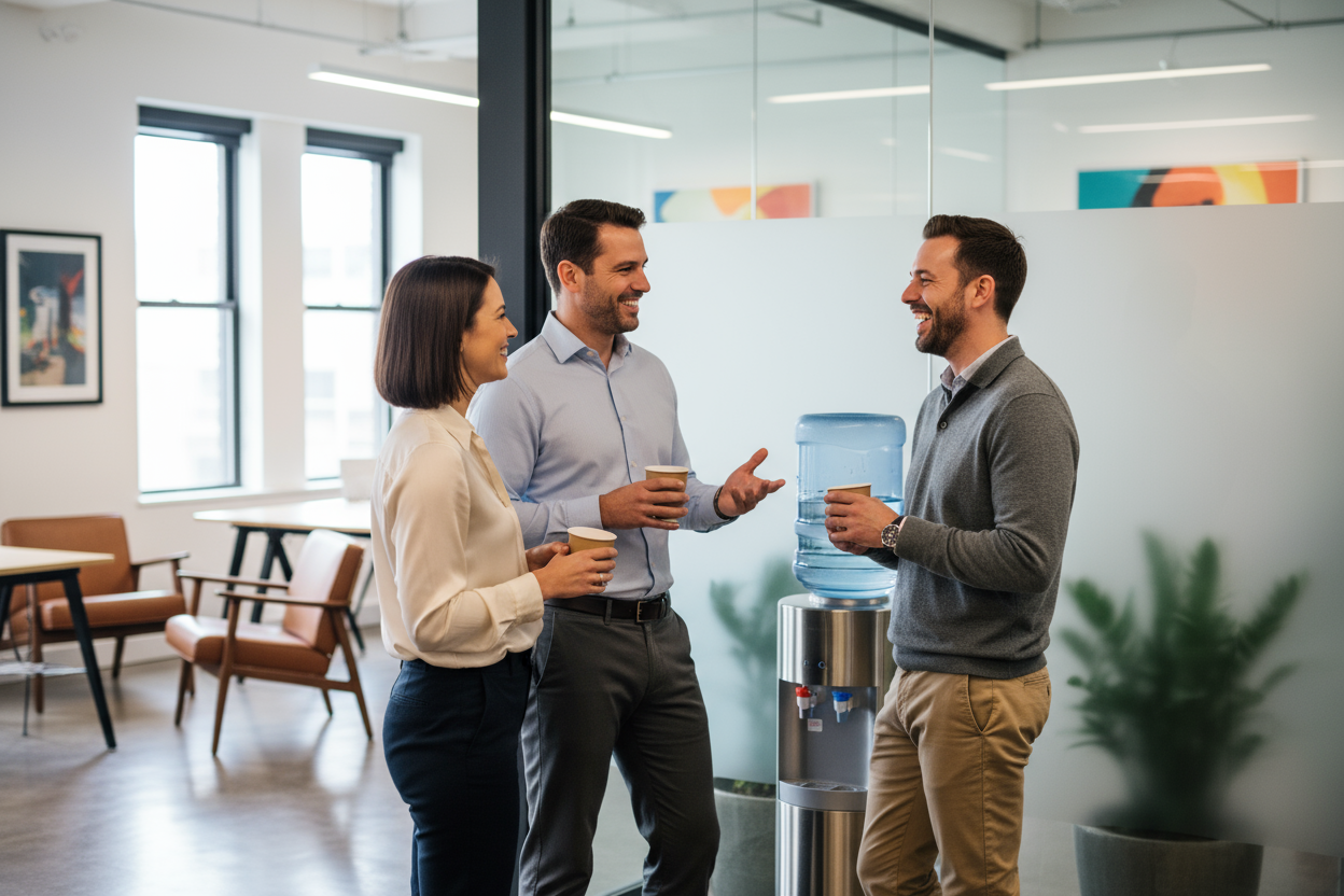 water cooler conversation in business casual attire